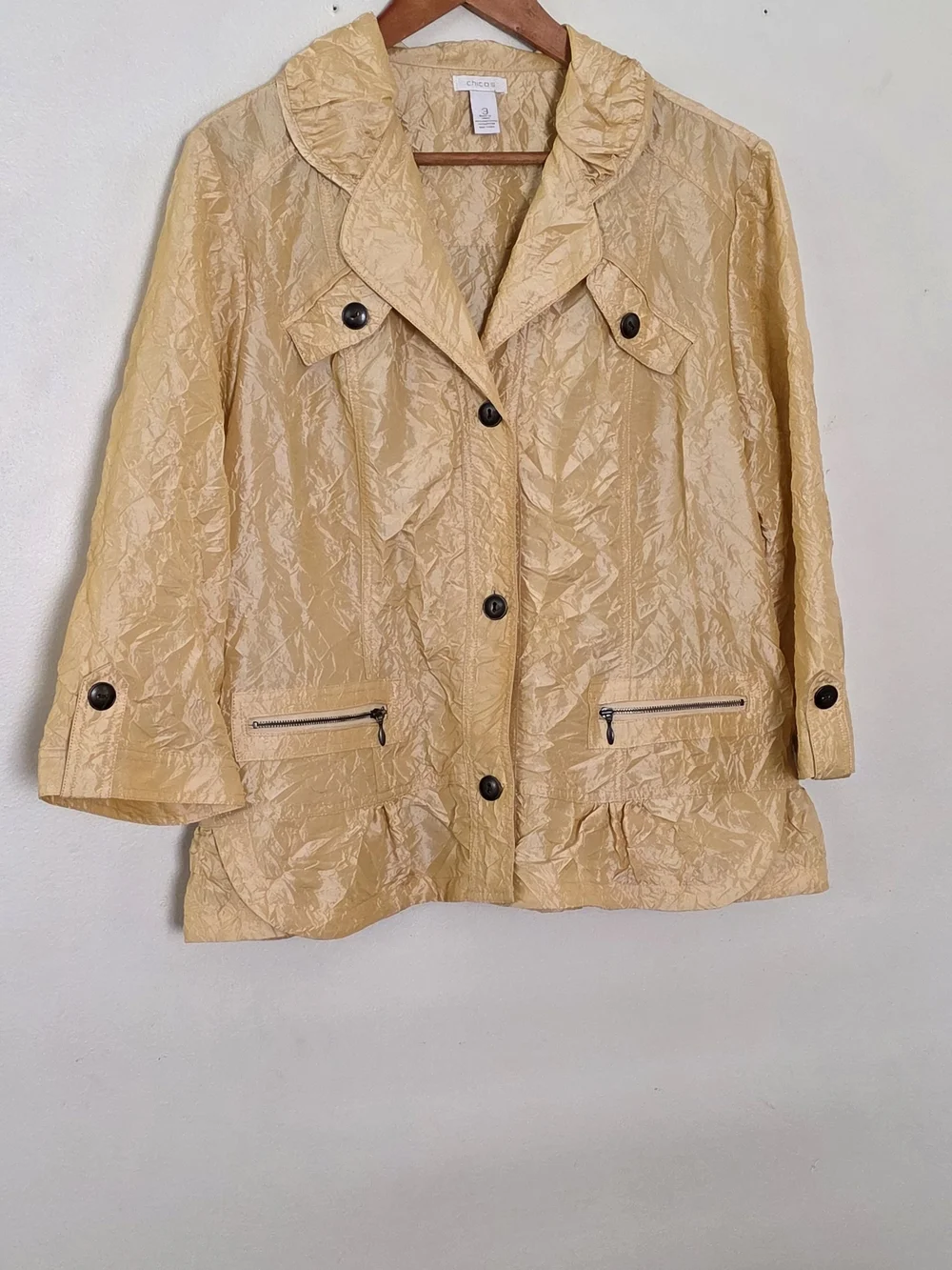 Chico's Textured Crinkled Blazer Gold Tan Button Up Size 3 (XL)